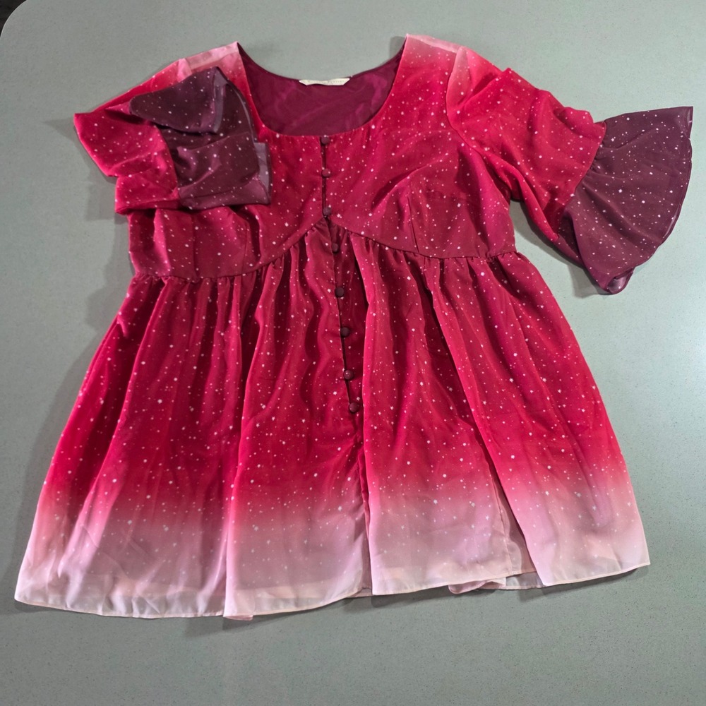 Wayward Fancies eShakti Red Ombre Star Bell Sleeve Babydoll Tunic Top 2X-22W